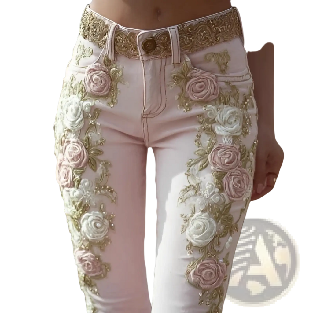 Floral embroidered pink denim flare jeans featuring intricate pink white and gold floral embroidery on pink denim