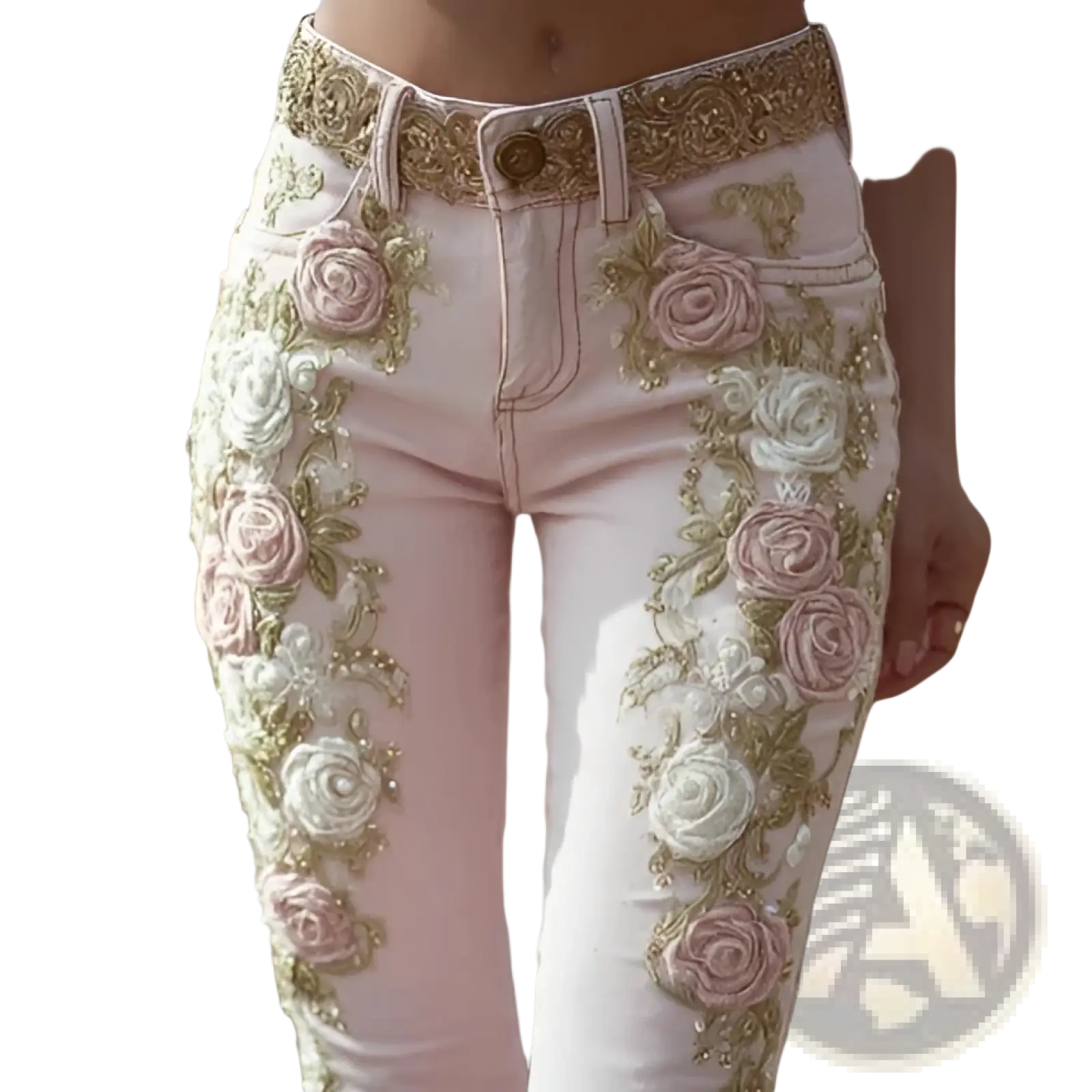 Floral embroidered pink denim flare jeans featuring intricate pink white and gold floral embroidery on pink denim