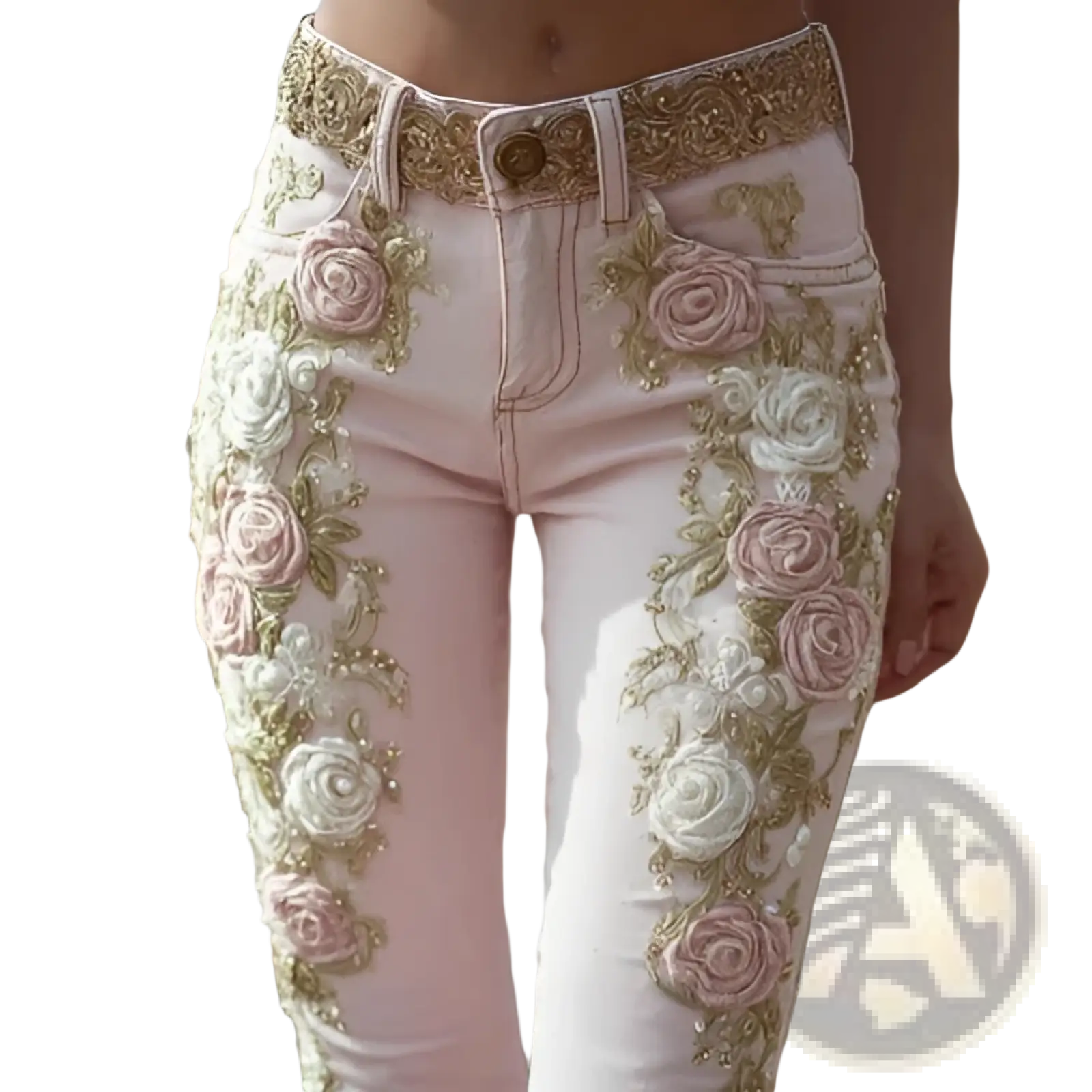 Floral embroidered pink denim flare jeans featuring intricate rose embroidery in pink white gold thread and beadwork