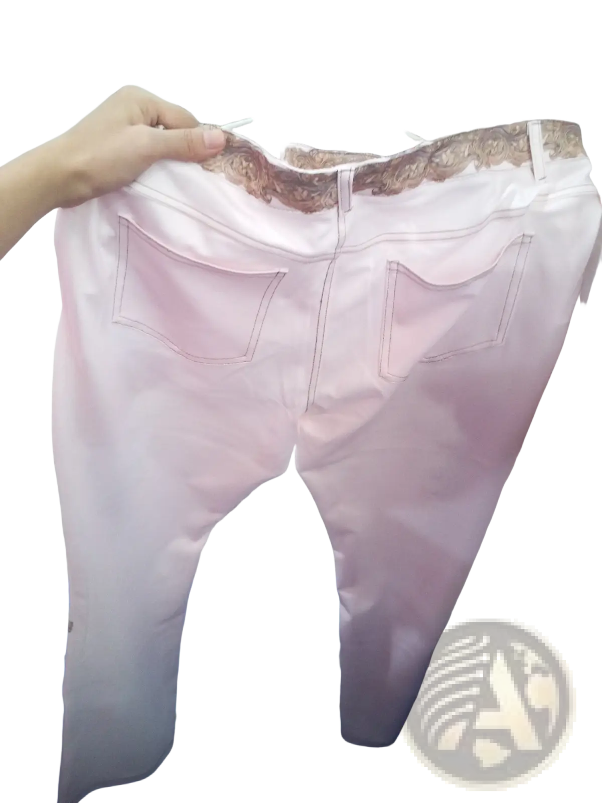 Floral embroidered pink denim flare jeans with decorative brown lace waistband in pink denim fabric
