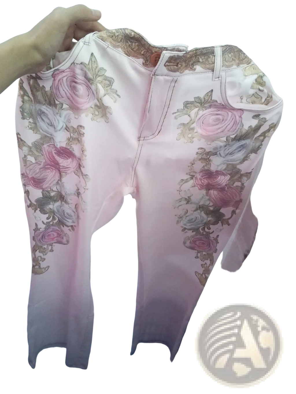 Floral embroidered pink denim flare jeans with delicate rose and gold-toned botanical embroidery