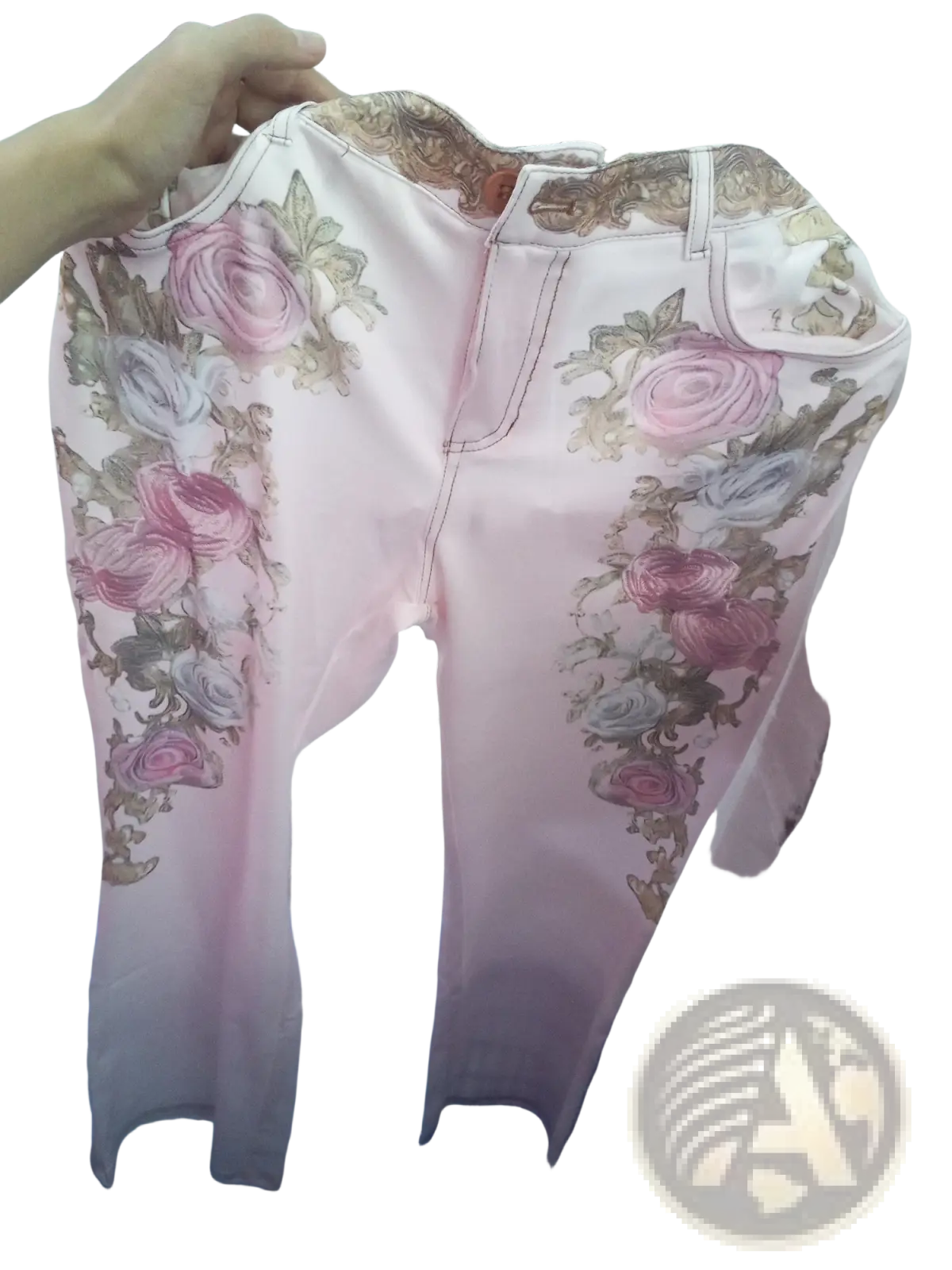 Floral embroidered pink denim flare jeans with delicate rose and gold-toned botanical embroidery