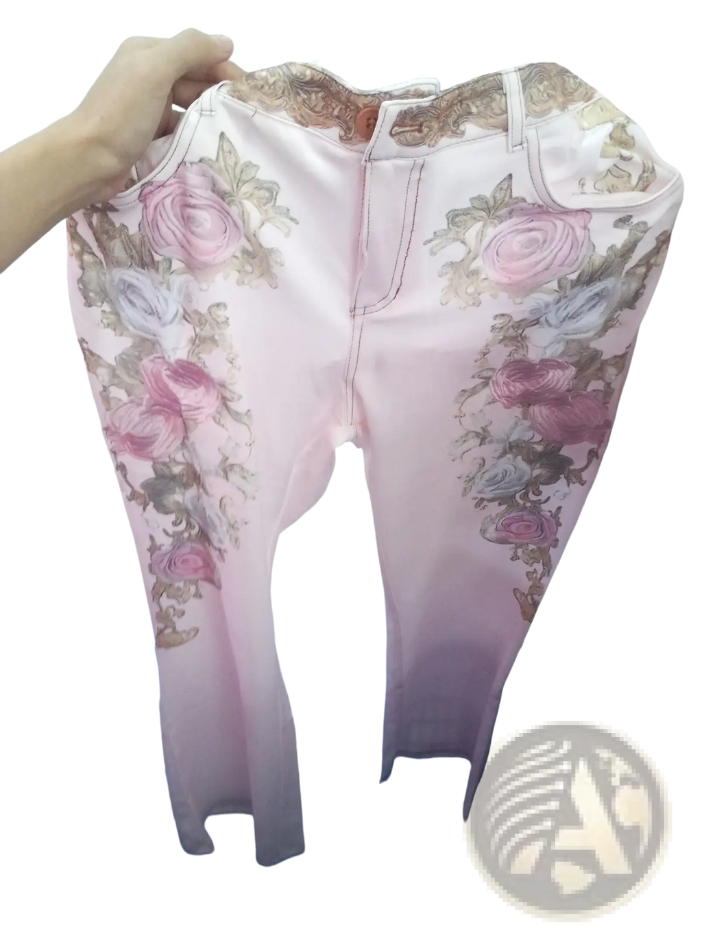 Floral embroidered pink denim flare jeans featuring rose and leaf motifs in shades of pink beige and gray