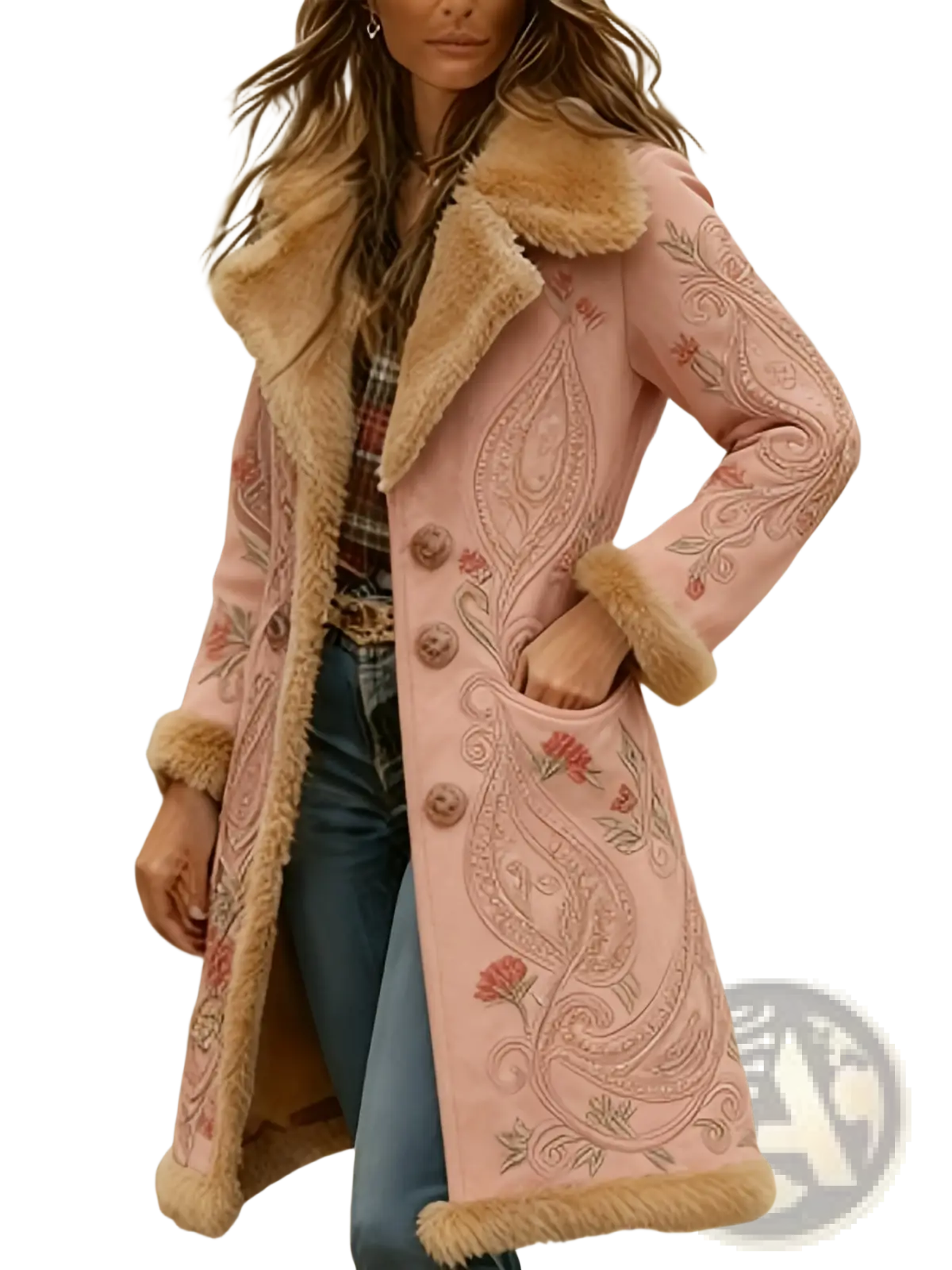 A pink floral embroidered shearling coat with a plush tan fur-lined collar and detailed embroidery