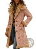 Floral embroidered shearling winter coat in pink with intricate floral embroidery and tan fur-lined collar