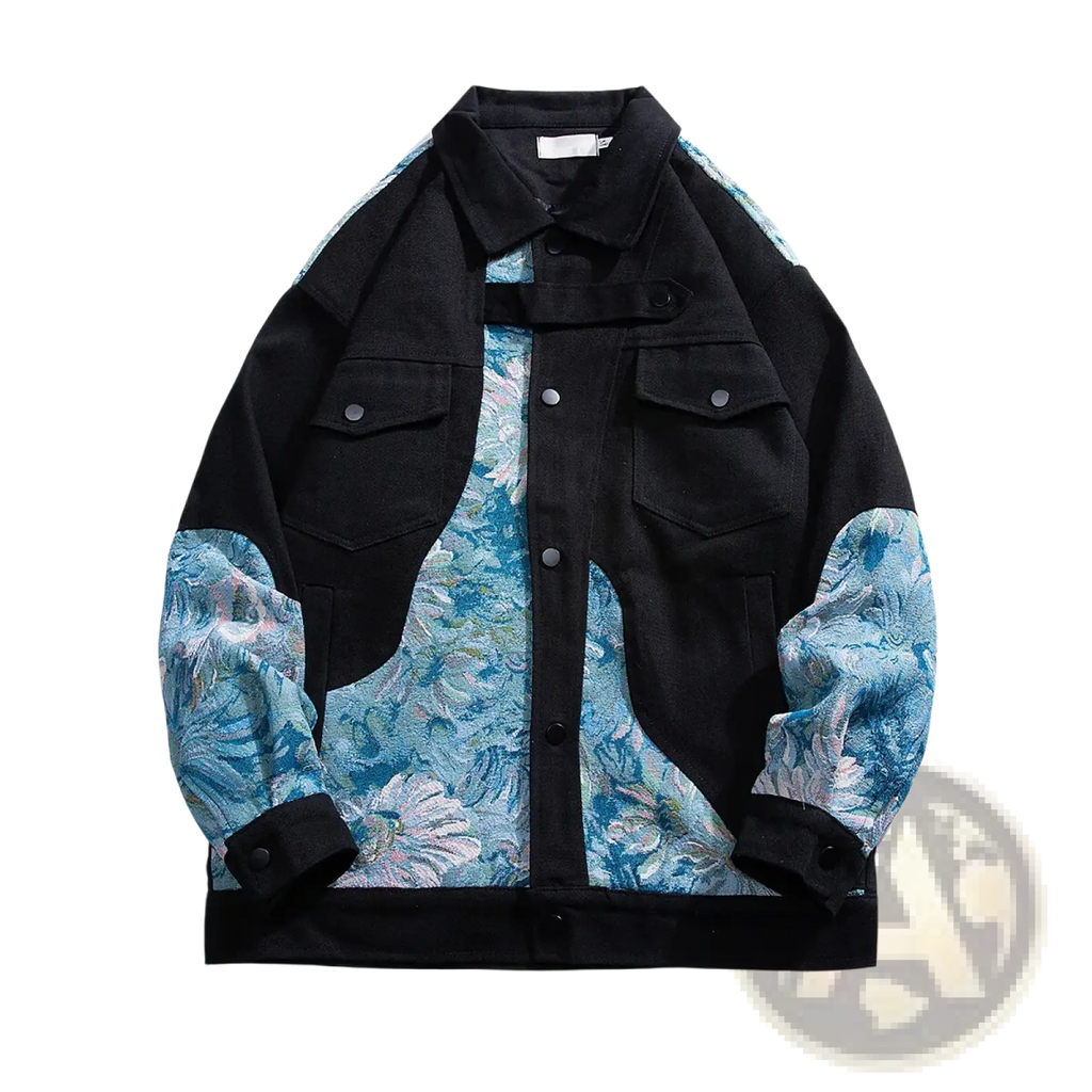 Black denim floral embroidered streetwear bomber jacket with vibrant blue and white embroidery on sleeves chest and shoulders