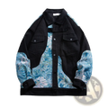 Black denim floral embroidered streetwear bomber jacket with vibrant blue and white embroidery on sleeves chest and shoulders