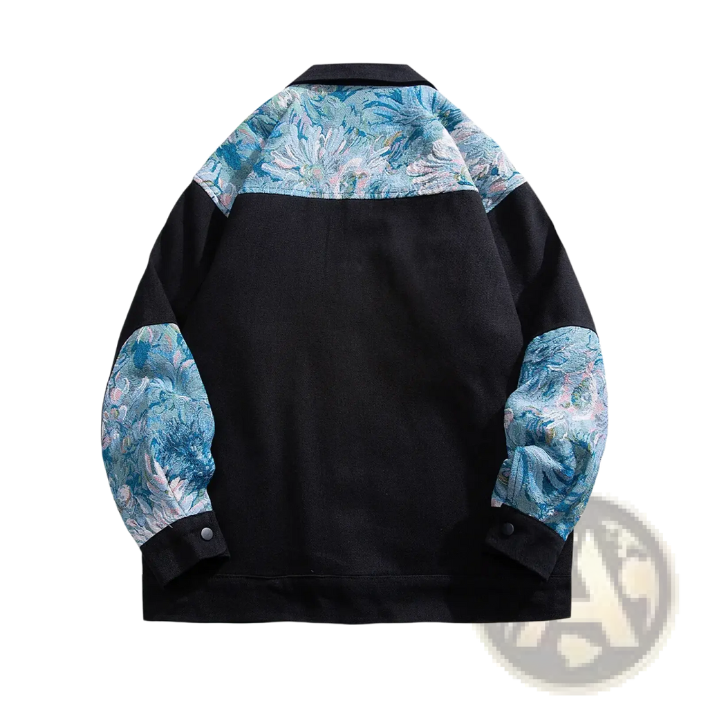 Black floral embroidered streetwear bomber jacket with blue white and pink patterned shoulder and sleeve panels