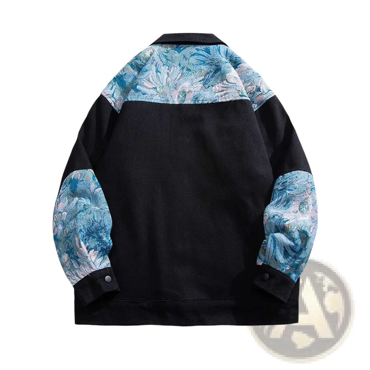 Black floral embroidered streetwear bomber jacket with blue white and pink patterned shoulder and sleeve panels