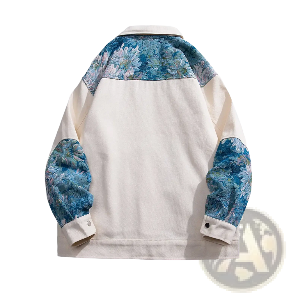 Cream-colored denim floral embroidered streetwear bomber jacket with blue embroidery on shoulders and sleeves