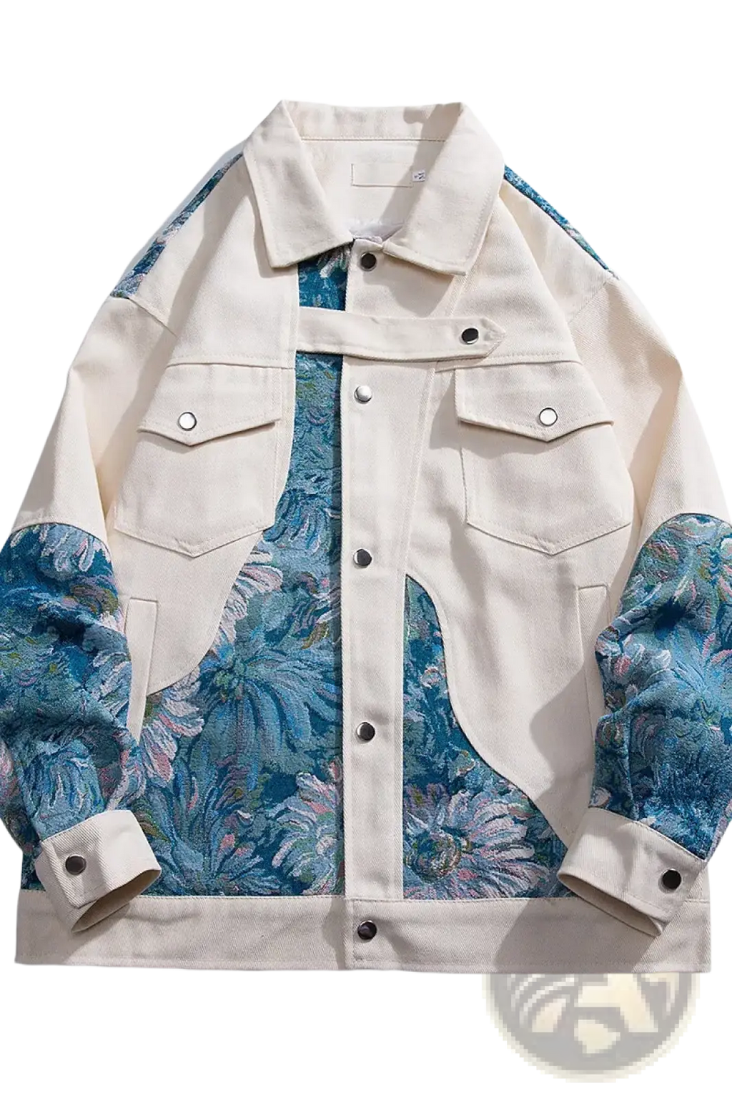 Floral embroidered streetwear bomber jacket in cream-colored denim with blue floral patterned panels on shoulders sleeves and front