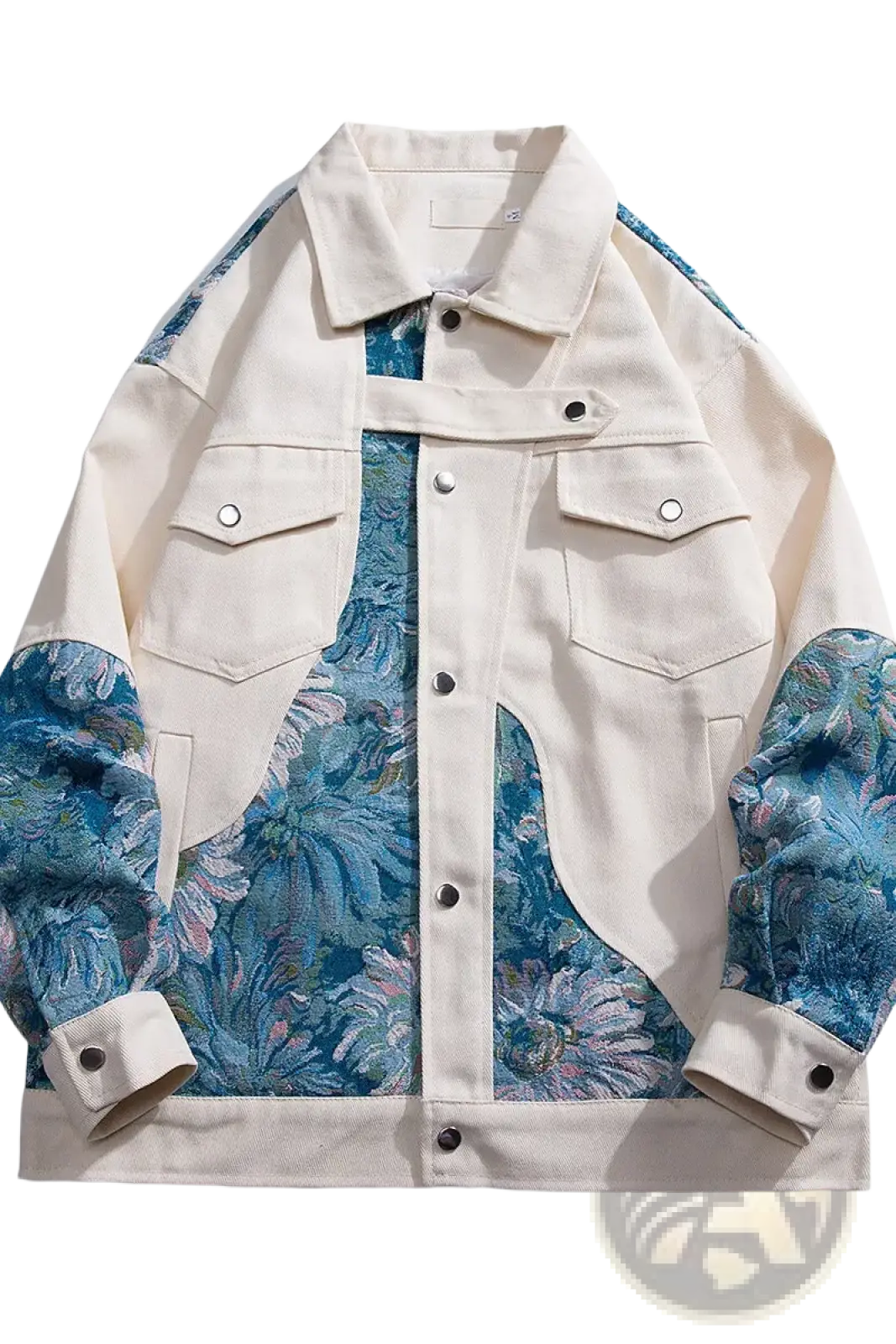 Floral embroidered streetwear bomber jacket in cream-colored denim with blue floral patterned panels on shoulders sleeves and front