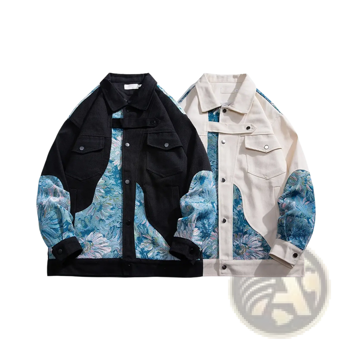 Two patchwork denim floral embroidered streetwear bomber jackets in black and cream with vibrant blue accents