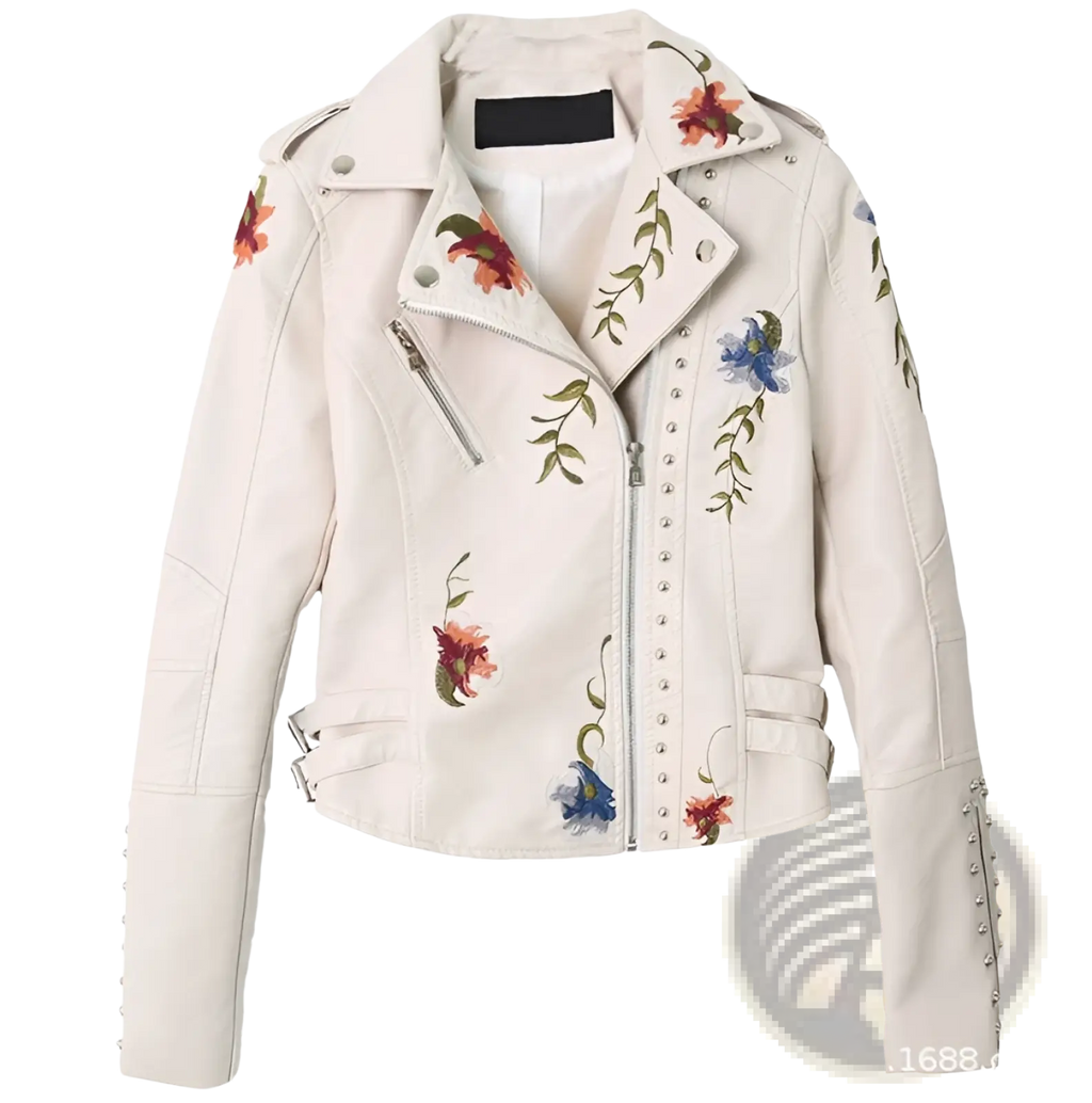 A cream-colored leather moto jacket with colorful floral embroidery and silver studs along the zipper and cuffs