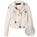 A cream-colored leather moto jacket with colorful floral embroidery and silver studs along the zipper and cuffs
