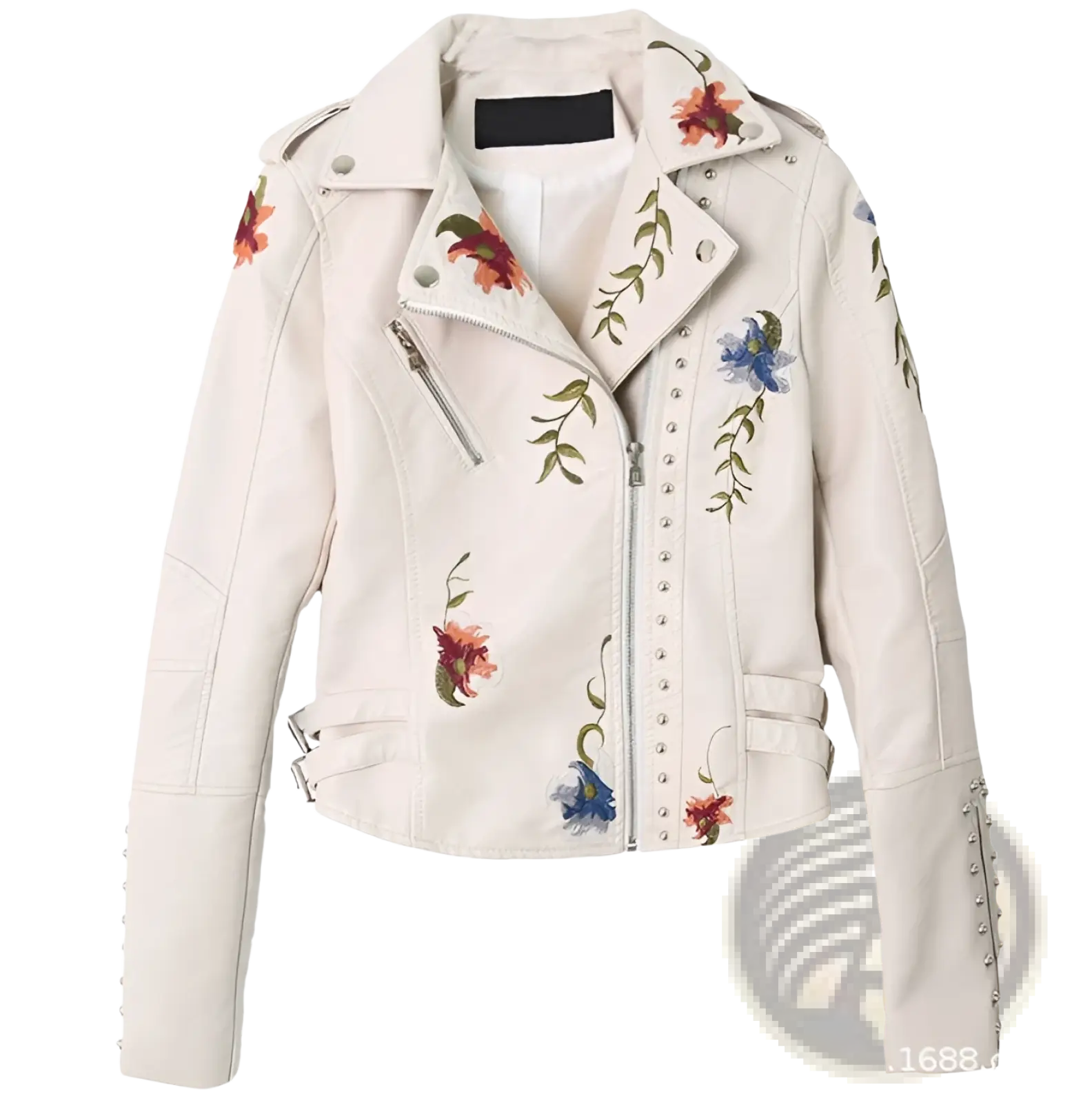 A cream-colored leather moto jacket with colorful floral embroidery and silver studs along the zipper and cuffs