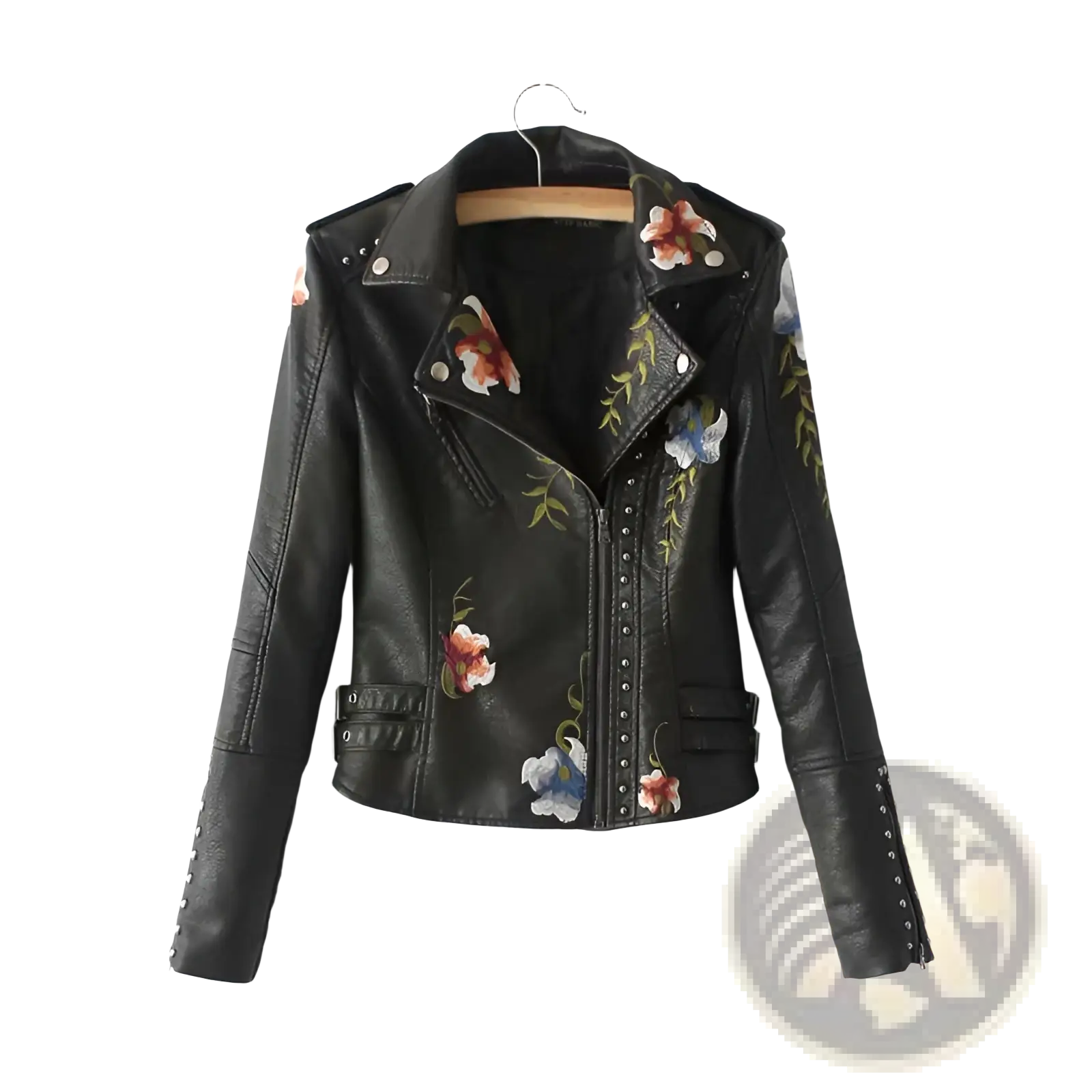 Black leather moto jacket with colorful floral embroidery and studded detailing shown from the back side