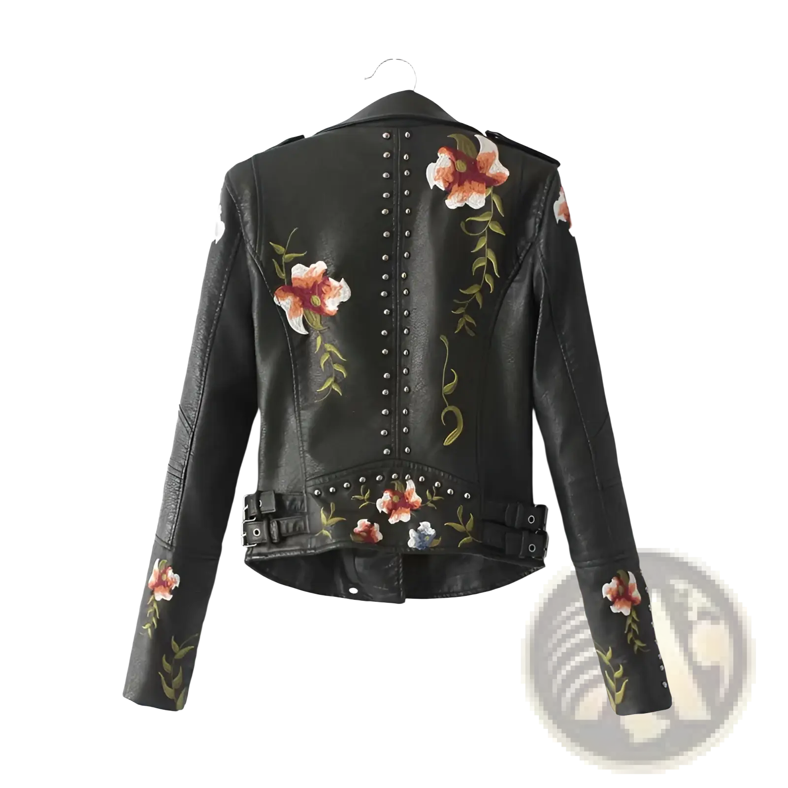Back view of a black leather floral embroidered studded moto jacket with orange and white flowers on sleeves and waistband