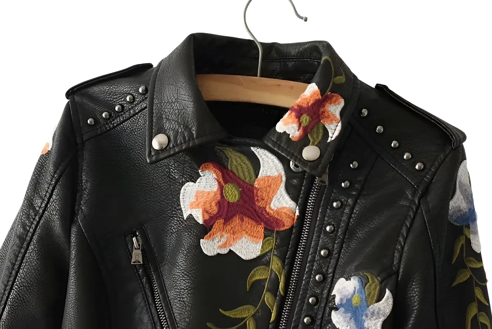 Black leather moto jacket with vibrant orange white and blue floral embroidery and silver studs on collar and zipper line