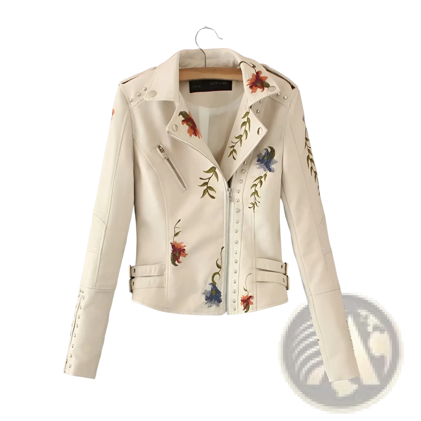 Cream-colored leather biker jacket featuring colorful floral embroidery and silver studs in a moto design