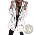 White floral print hooded coat with black zipper and drawstring details featuring floral embroidery and zip up closure