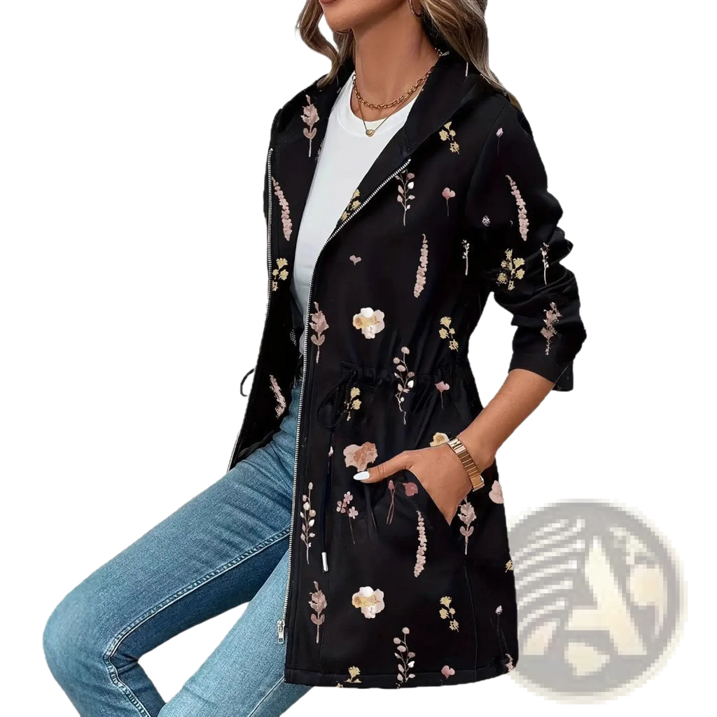 Black floral embroidered zip up hoodie jacket with pink and gold flowers on soft fabric for casual wear