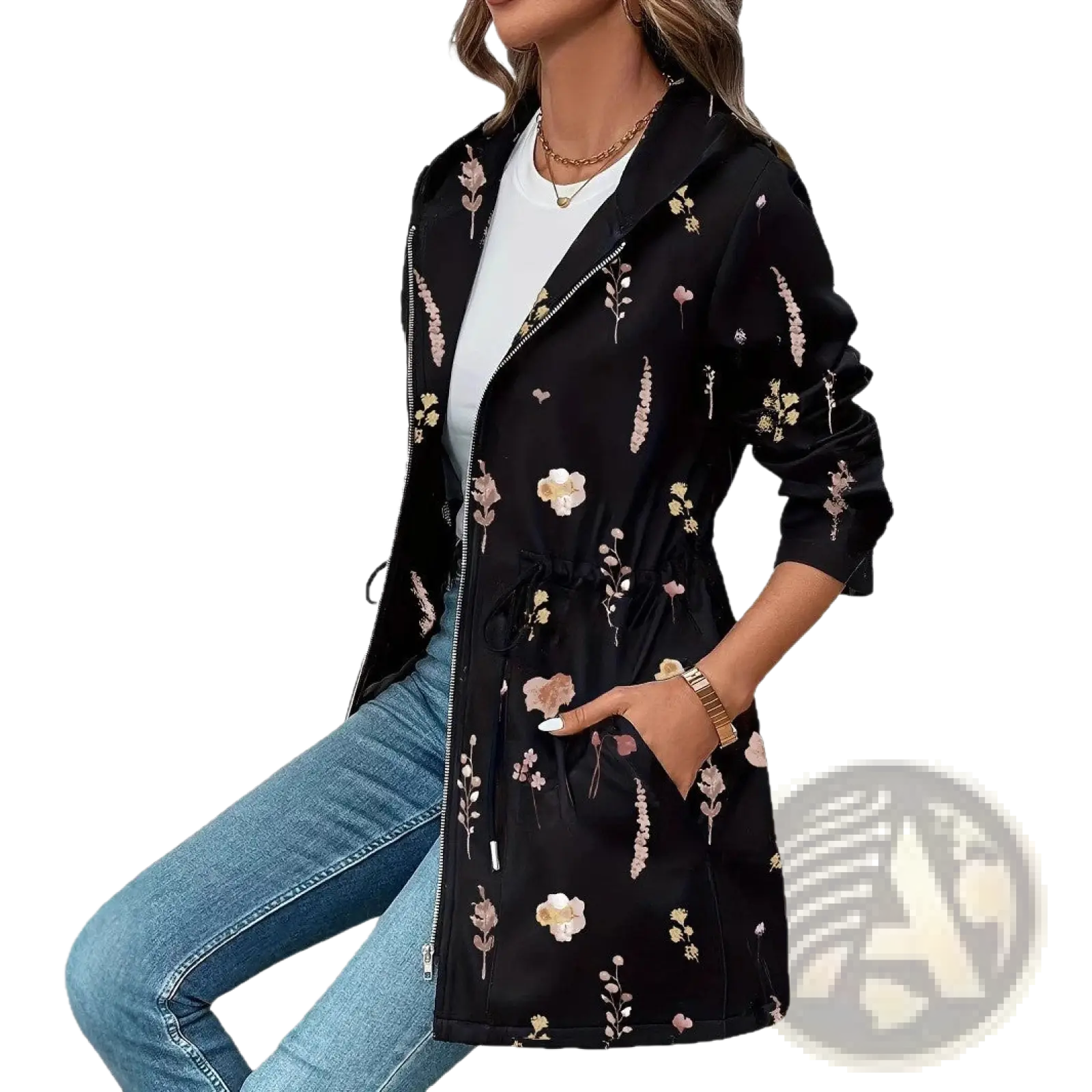 Black floral embroidered zip up hoodie jacket with pink and gold flowers on soft fabric for casual wear