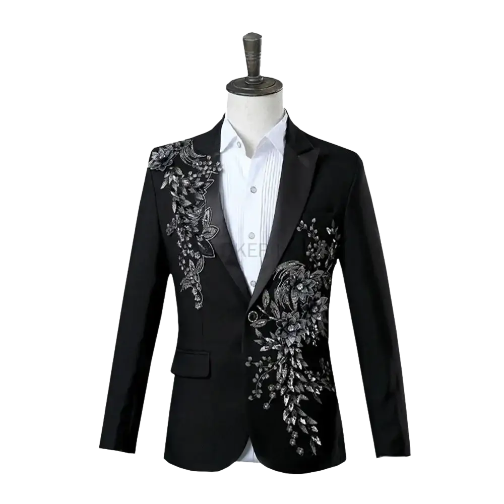 Black blazer mens tuxedo suit with intricate silver floral embroidery on shoulders and front for formal wear