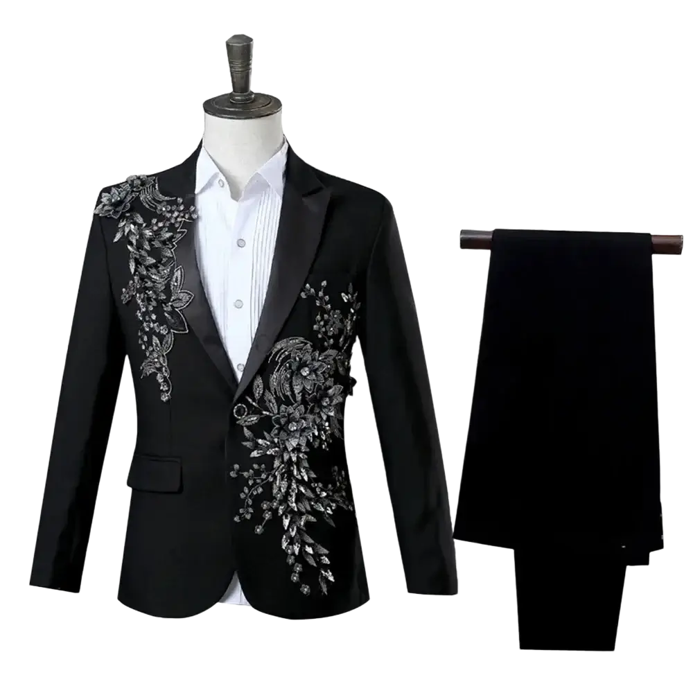 Black blazer floral embroidery mens tuxedo suit with intricate silver floral embroidery on shoulders and front