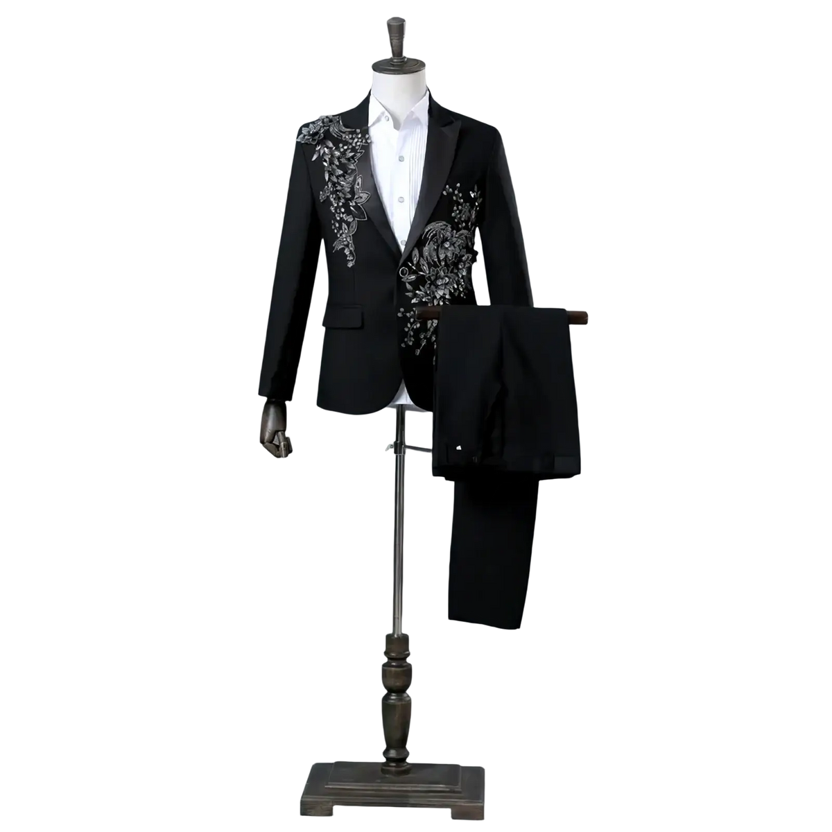 Black blazer floral embroidery mens tuxedo suit with intricate silver floral embroidery on shoulders and chest displayed on mannequin