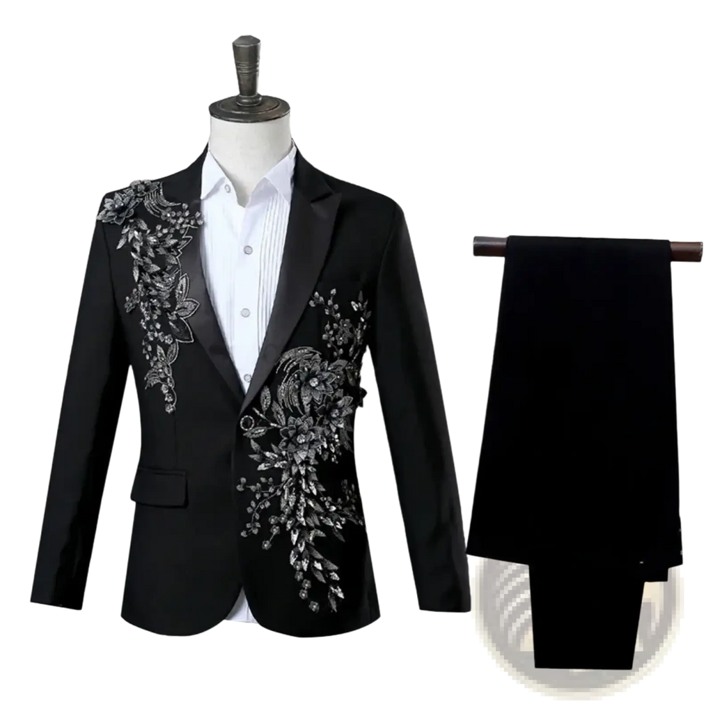 Black blazer floral embroidery mens tuxedo suit with intricate silver floral embroidery on shoulders and front