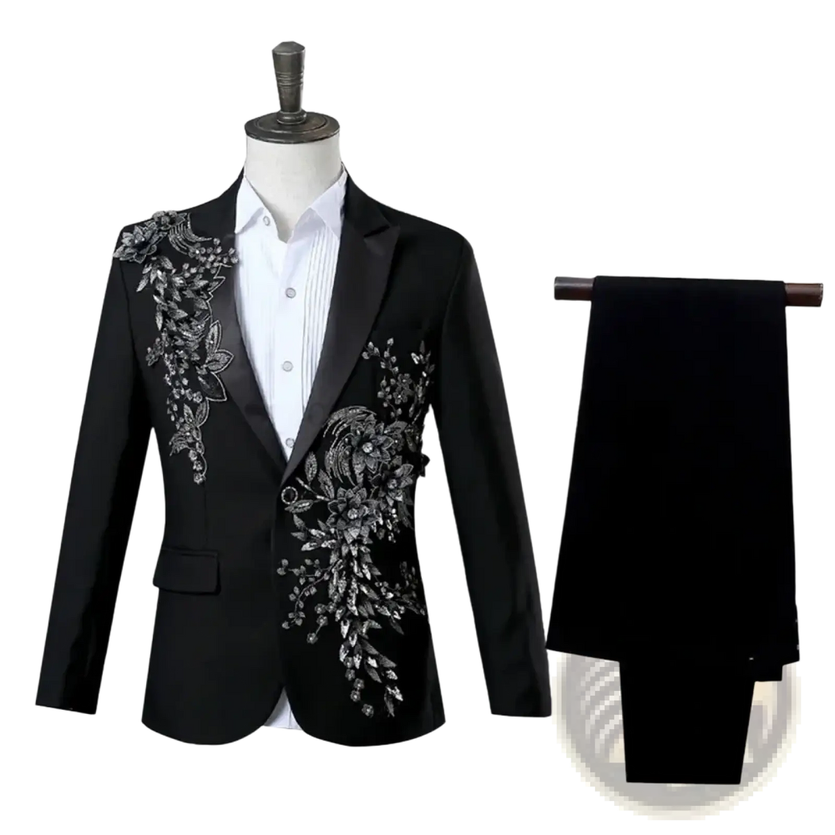 Black blazer floral embroidery mens tuxedo suit with intricate silver floral embroidery on shoulders and front