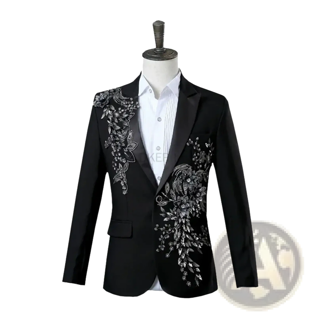 Black blazer mens tuxedo suit with intricate silver floral embroidery on shoulders and front for formal wear