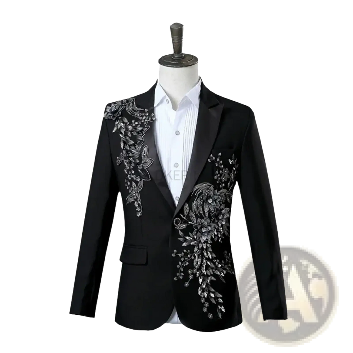 Black blazer mens tuxedo suit with intricate silver floral embroidery on shoulders and front for formal wear
