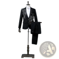 Black blazer floral embroidery mens tuxedo suit with intricate silver floral embroidery on shoulders and chest displayed on mannequin