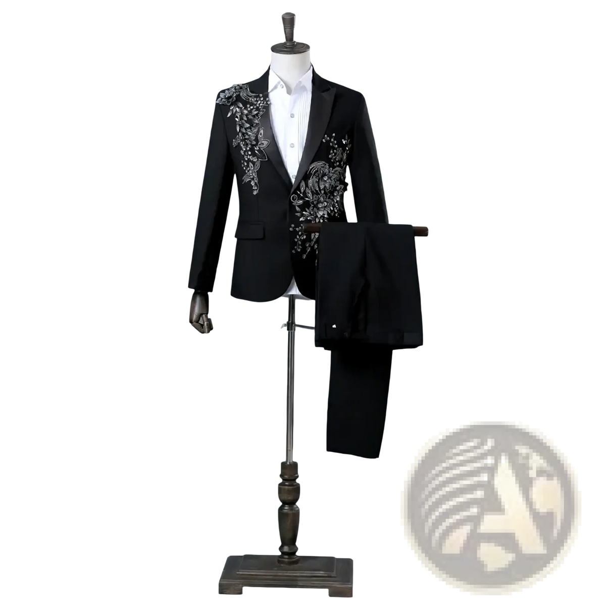 Black blazer floral embroidery mens tuxedo suit with intricate silver floral embroidery on shoulders and chest displayed on mannequin