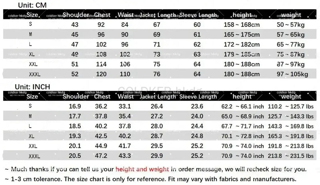 Size chart for a black and gray cold-weather jacket listing measurements from S to XXXL for floral embroidery mens tuxedo suit