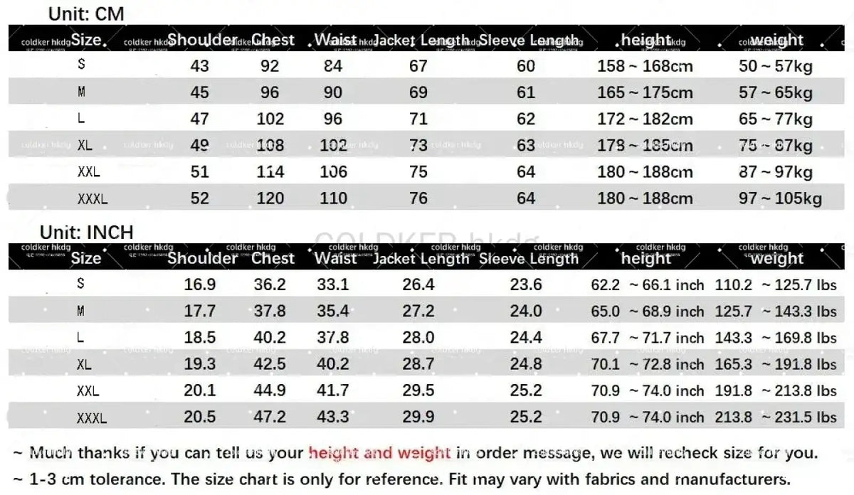 Size chart for a black and gray cold-weather jacket listing measurements from S to XXXL for floral embroidery mens tuxedo suit