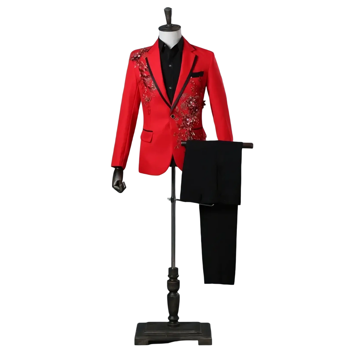 Vibrant red floral embroidery mens tuxedo suit with gold and silver thread paired with black shirt and matching trousers