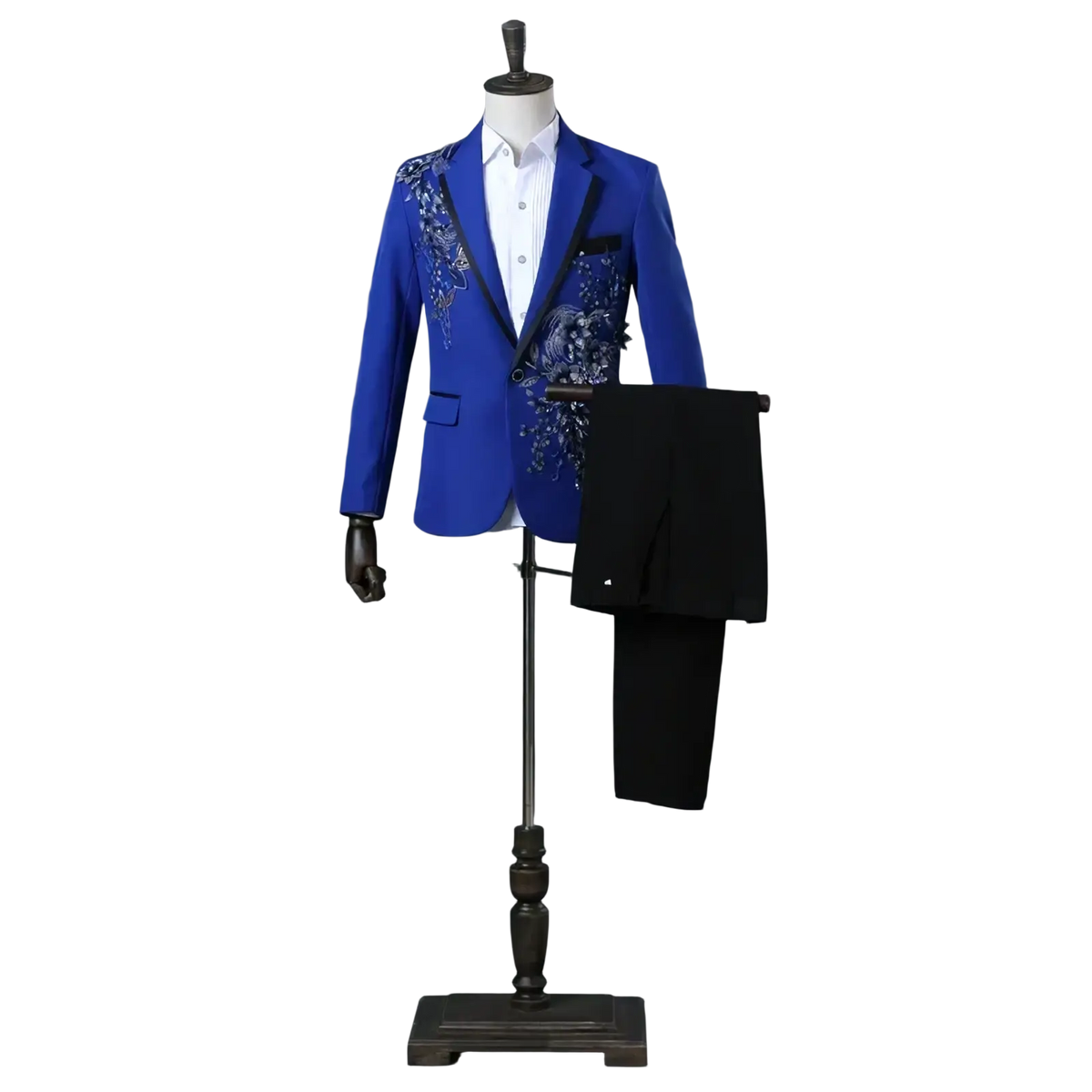Vibrant royal blue floral embroidery mens tuxedo suit with intricate silver and black stitched blazer and white shirt