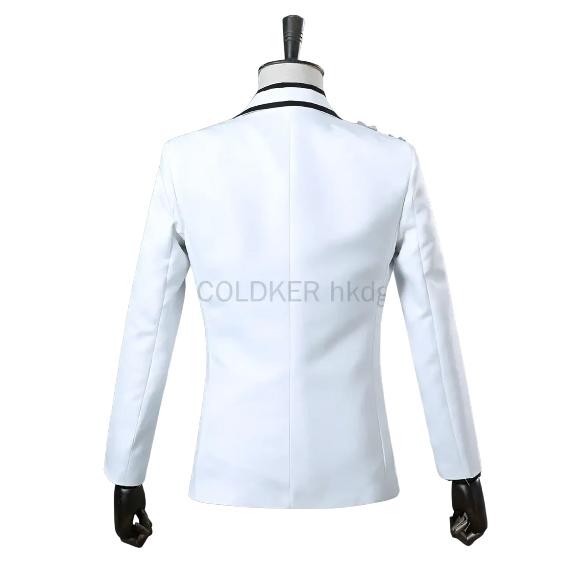 White men’s blazer with black trim along collar and cuffs displayed on mannequin from floral embroidery mens tuxedo suit