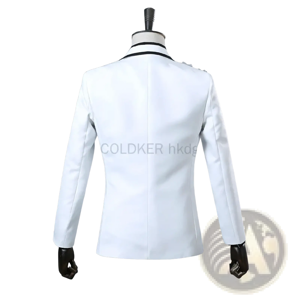 White men’s blazer with black trim along collar and cuffs displayed on mannequin from floral embroidery mens tuxedo suit