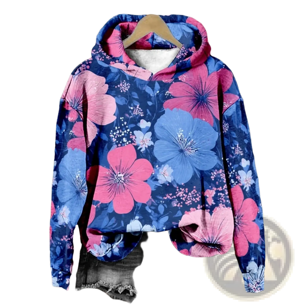 A vibrant blue floral fleece hoodie with oversized pink and light blue prints and a cozy lined hood for streetwear