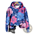 A vibrant blue floral fleece hoodie with oversized pink and light blue prints and a cozy lined hood for streetwear