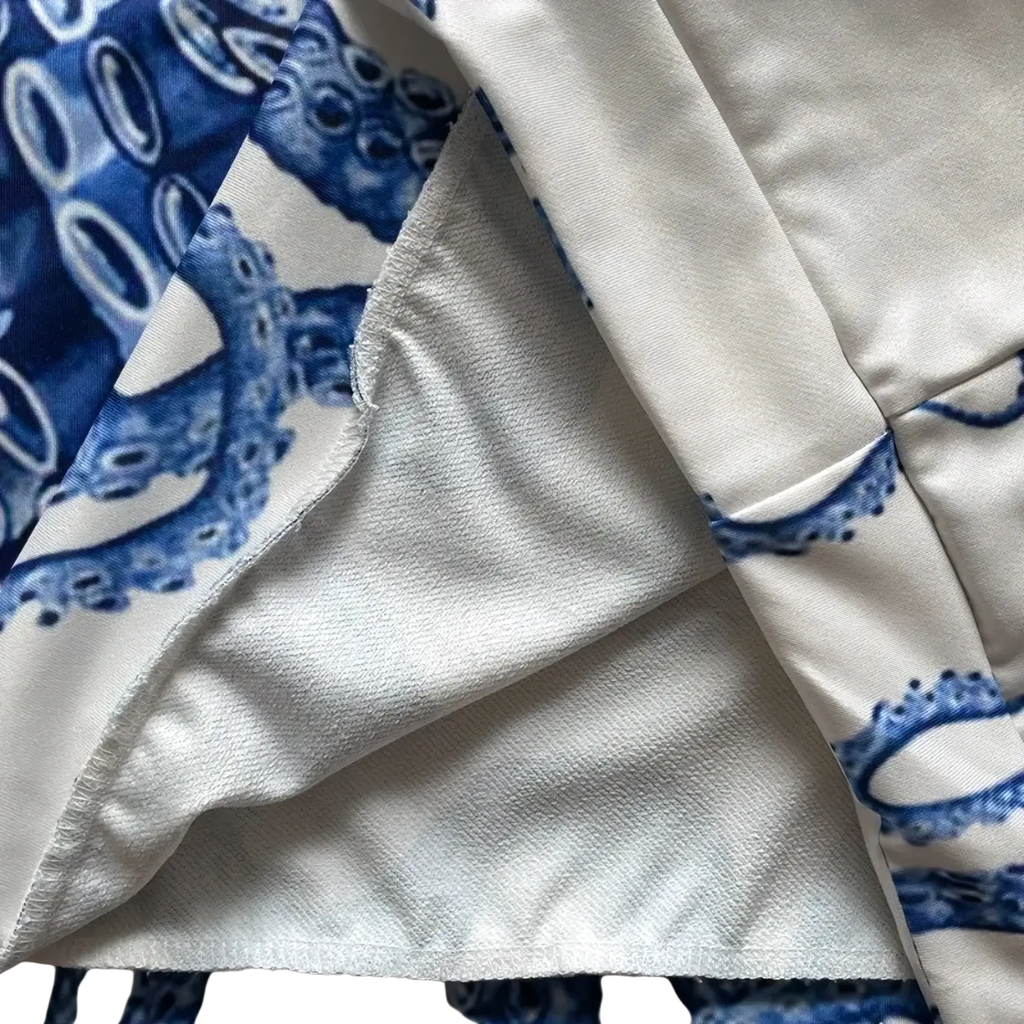 Floral fleece hoodie oversized streetwear sweatshirt in white fabric with blue octopus pattern and detailed stitching