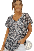 Women’s short-sleeved v-neck summer blouse with flutter sleeves dark gray floral leopard print pattern