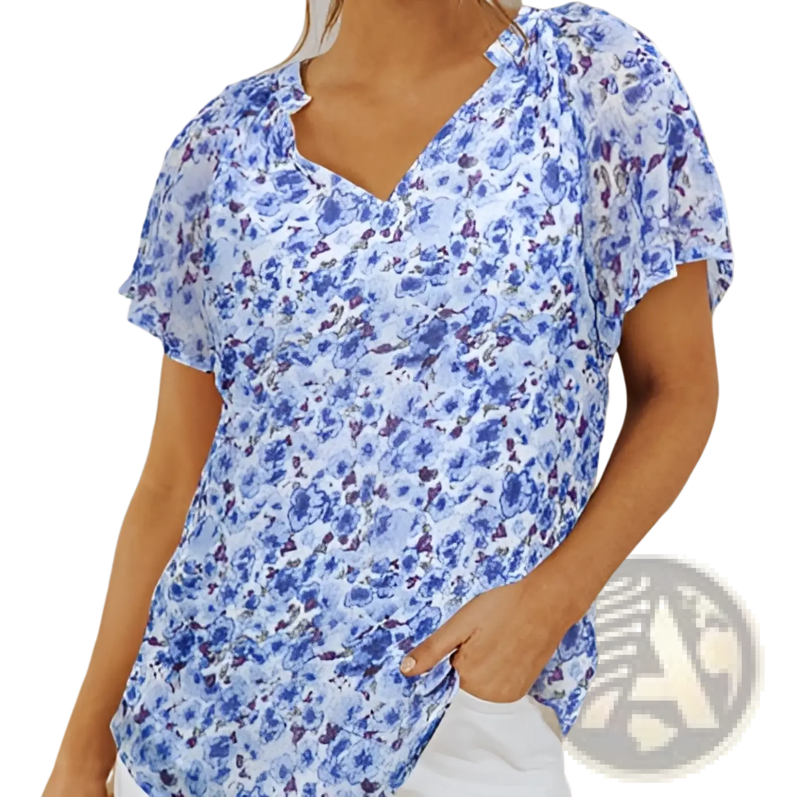 A light blue floral print summer blouse with short flutter sleeves and a v-neckline ideal for warm weather