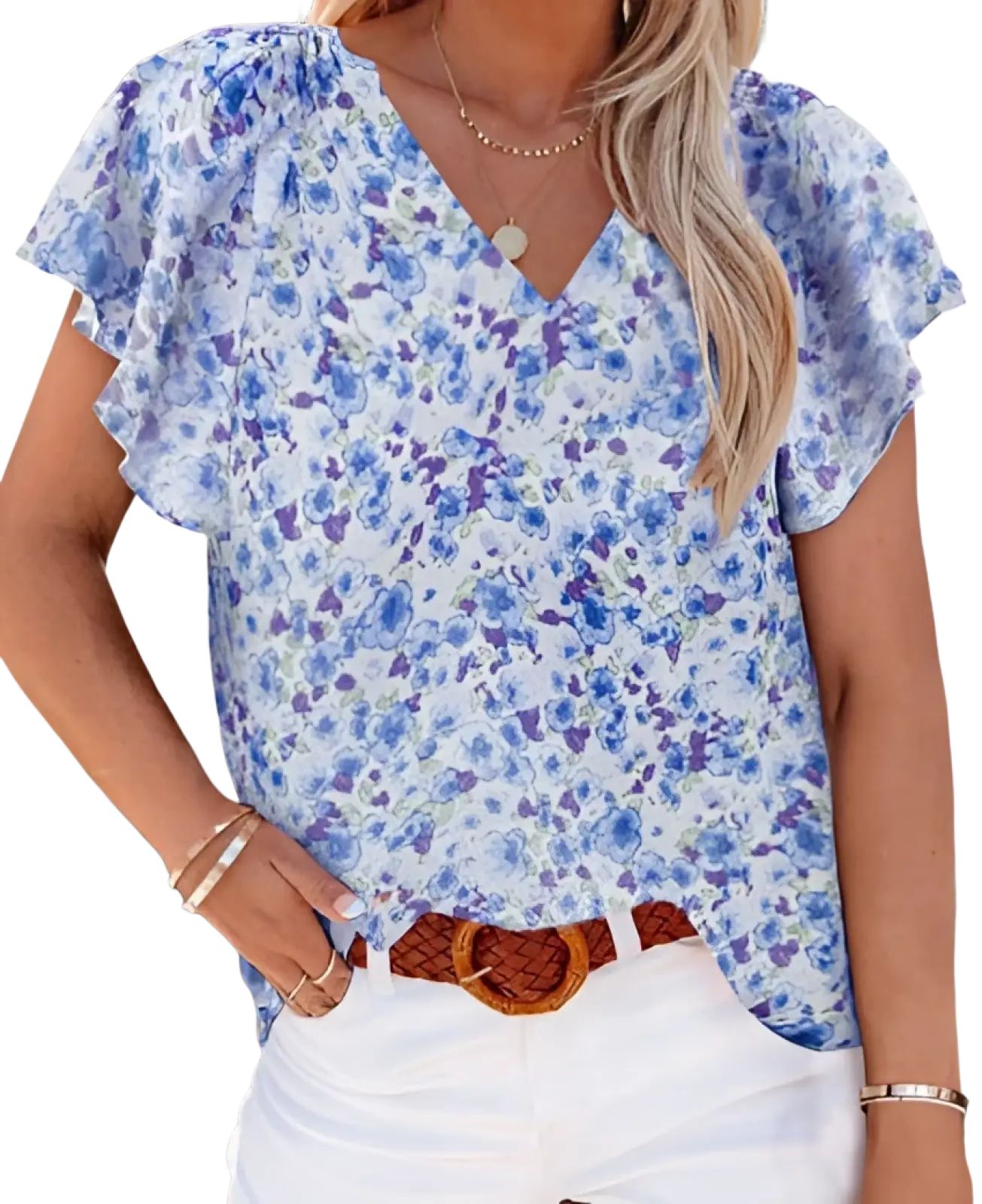 Blue and white floral print summer blouse with v neck and ruffled short flutter sleeves for casual wear