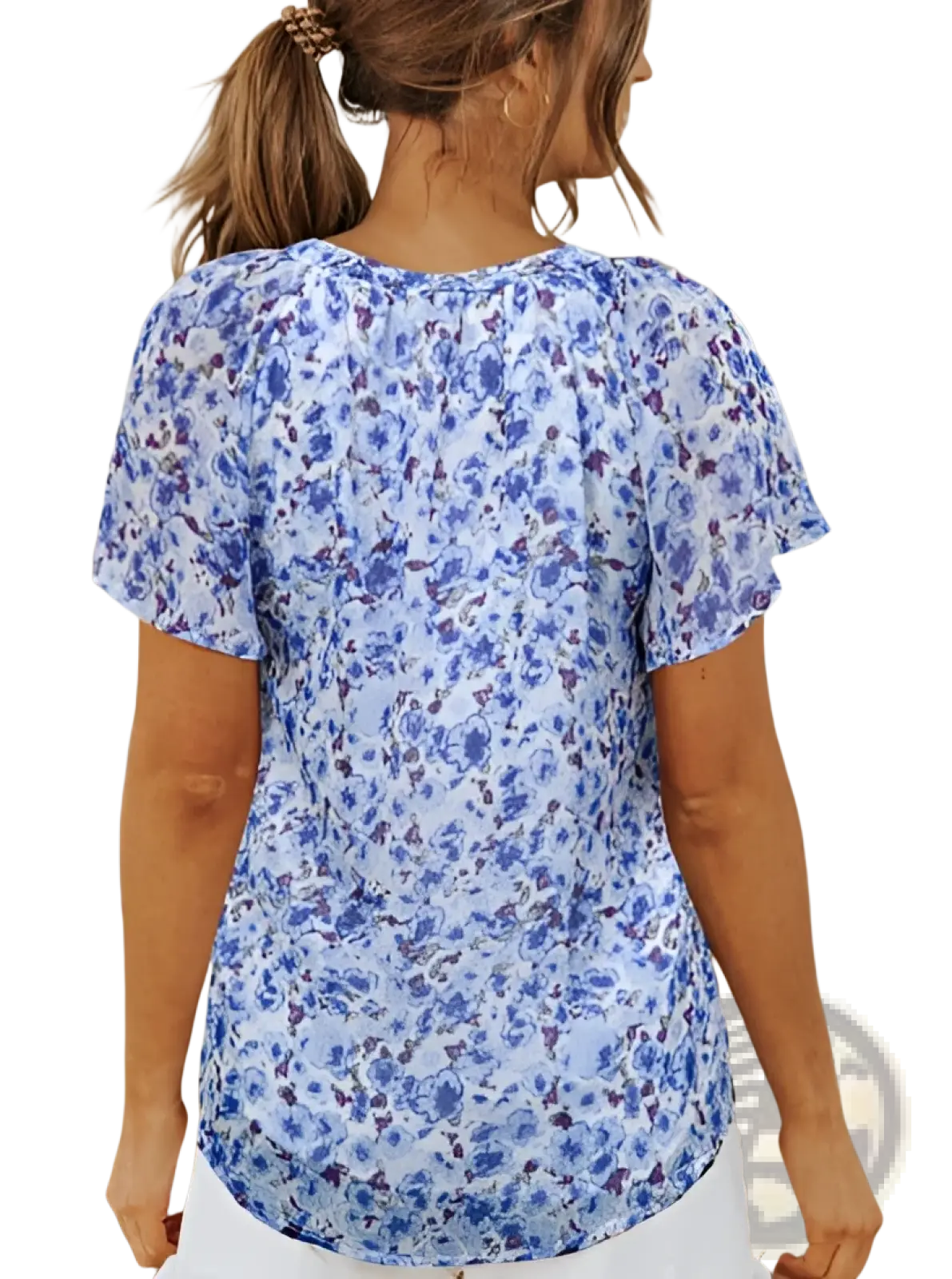 Blue floral print short-sleeved summer blouse with v neck ruffled neckline and soft flowing fabric