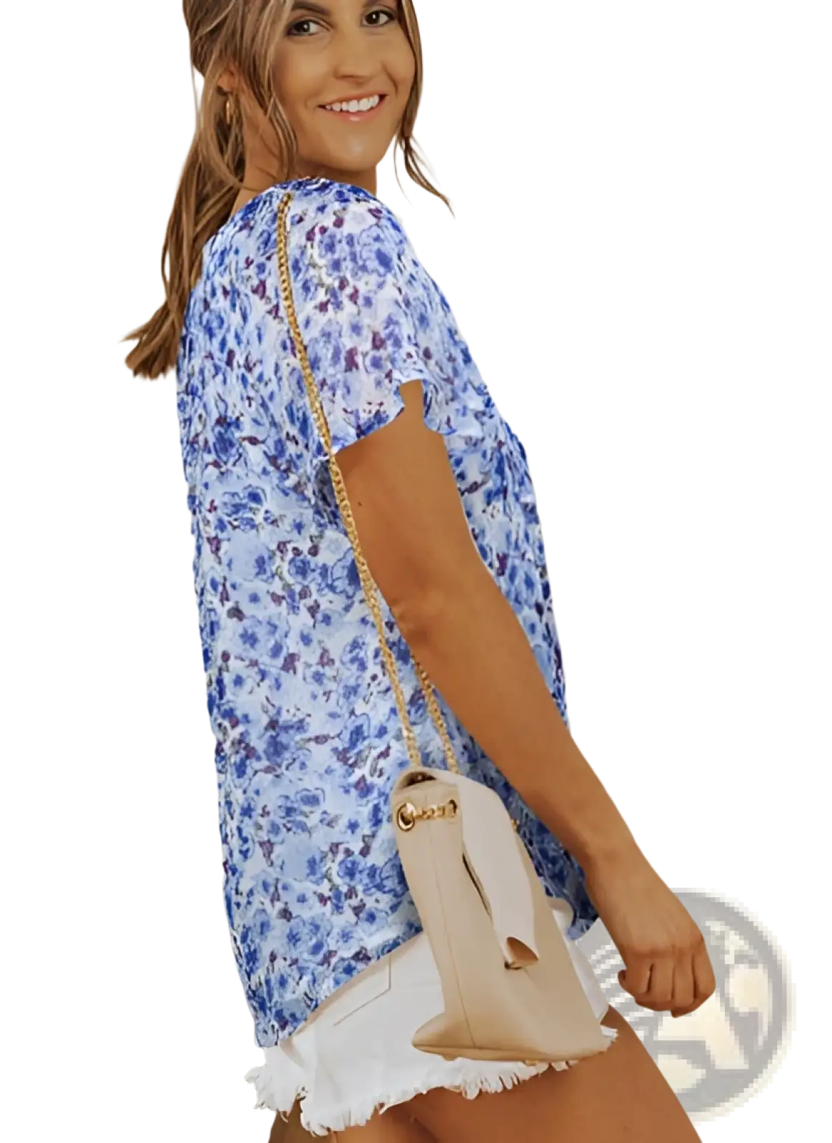 Floral flutter sleeve v neck summer blouse in blue with a relaxed fit and slightly sheer floral print fabric